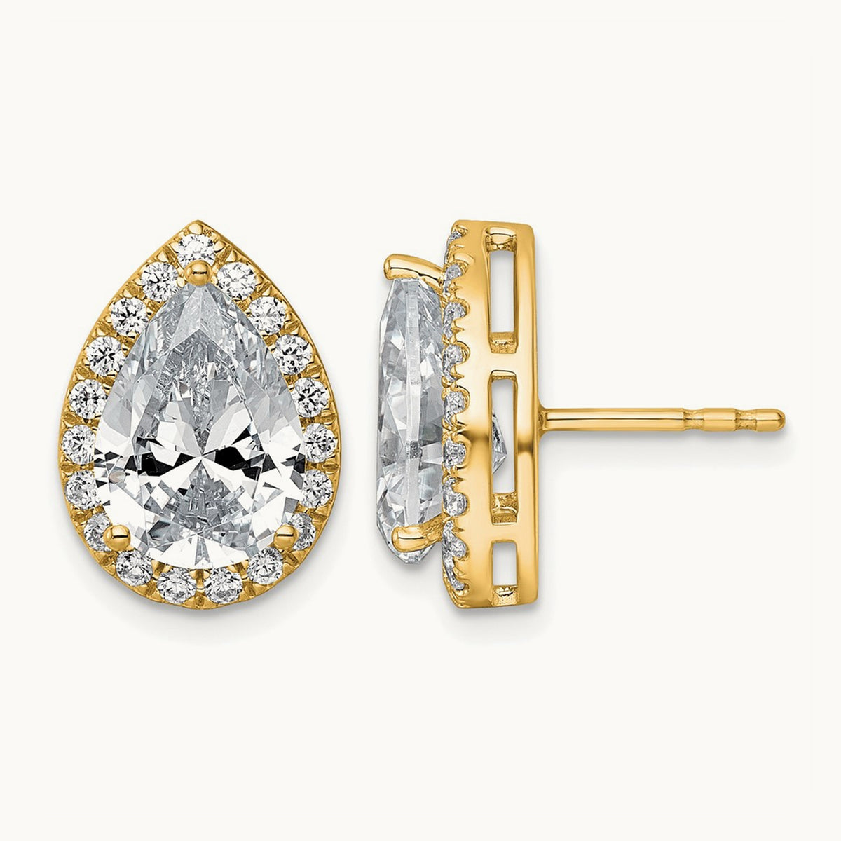 Pear Halo Post Earrings, 1.25-6.75 ct tw Lab-Grown Diamond — 4 5/8 ct, VS (Best), 14K Yellow Gold