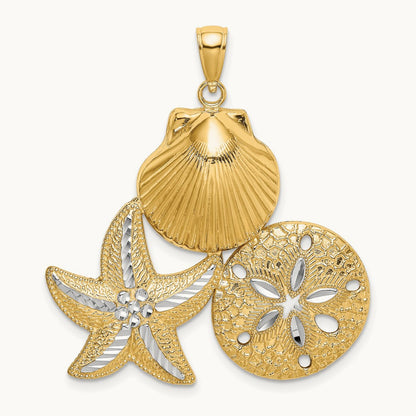Diamond-cut Scallop Starfish Sand Dollar Charm, 14K with White Rhodium