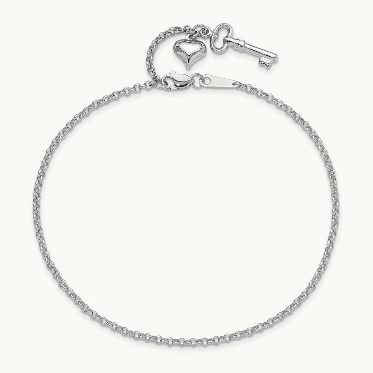Adj Polished Puffed Heart Key 9in Plus 1in ext. Anklet, 14K White Gold