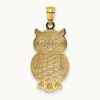 w/ Rhodium Polished / Textured Owl Pendant, 14K