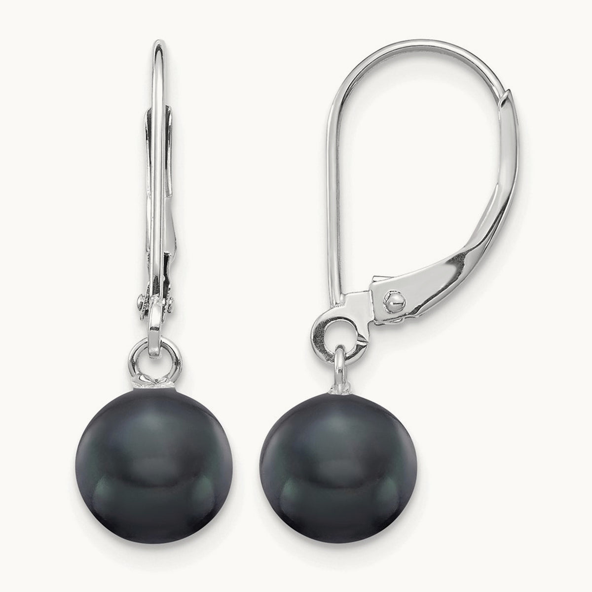 7- Black Round FWC Pearl Leverback Earrings, 8mm, 14K White Gold