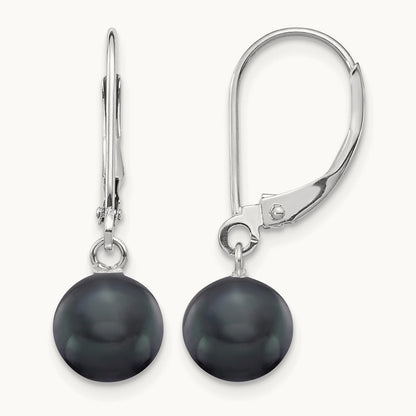 7- Black Round FWC Pearl Leverback Earrings, 8mm, 14K White Gold