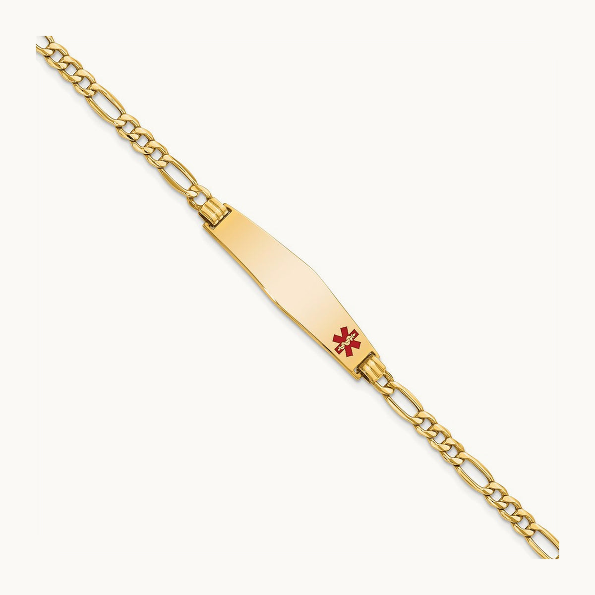 Semi-Solid Medical Soft Diamond Shape Red Enamel Figaro ID Bracelet, 14K