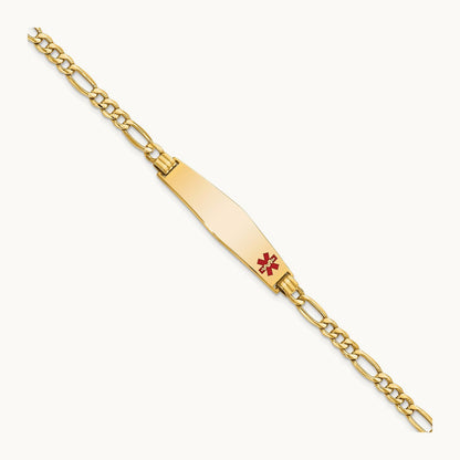 Semi-Solid Medical Soft Diamond Shape Red Enamel Figaro ID Bracelet, 14K