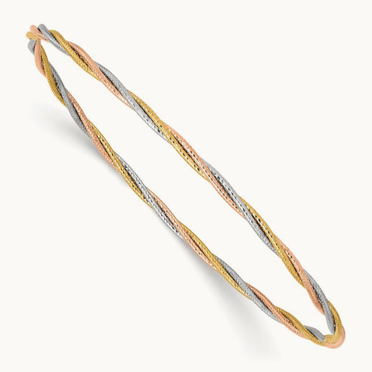 Tri-color Diamond-cut Twisted Slip-on Bangle, 14K