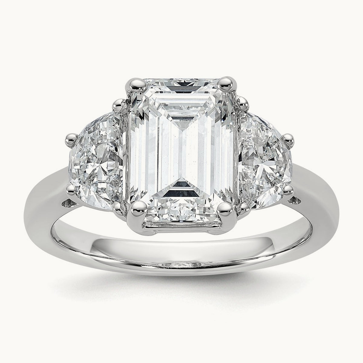 Semi-Mount Emerald & 1/2 Moon 3 Stone Engagement Ring, 0.25-1.00 ct tw Lab-Grown Diamond — 1 ct, 14K White Gold