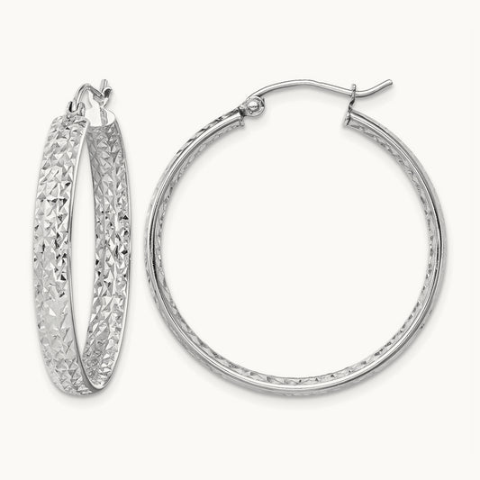 Diamond-cut In/Out Hoop Earrings, 14K White Gold