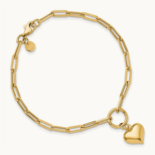 Polished Puff Heart Paper Clip Link Bracelet, 14K