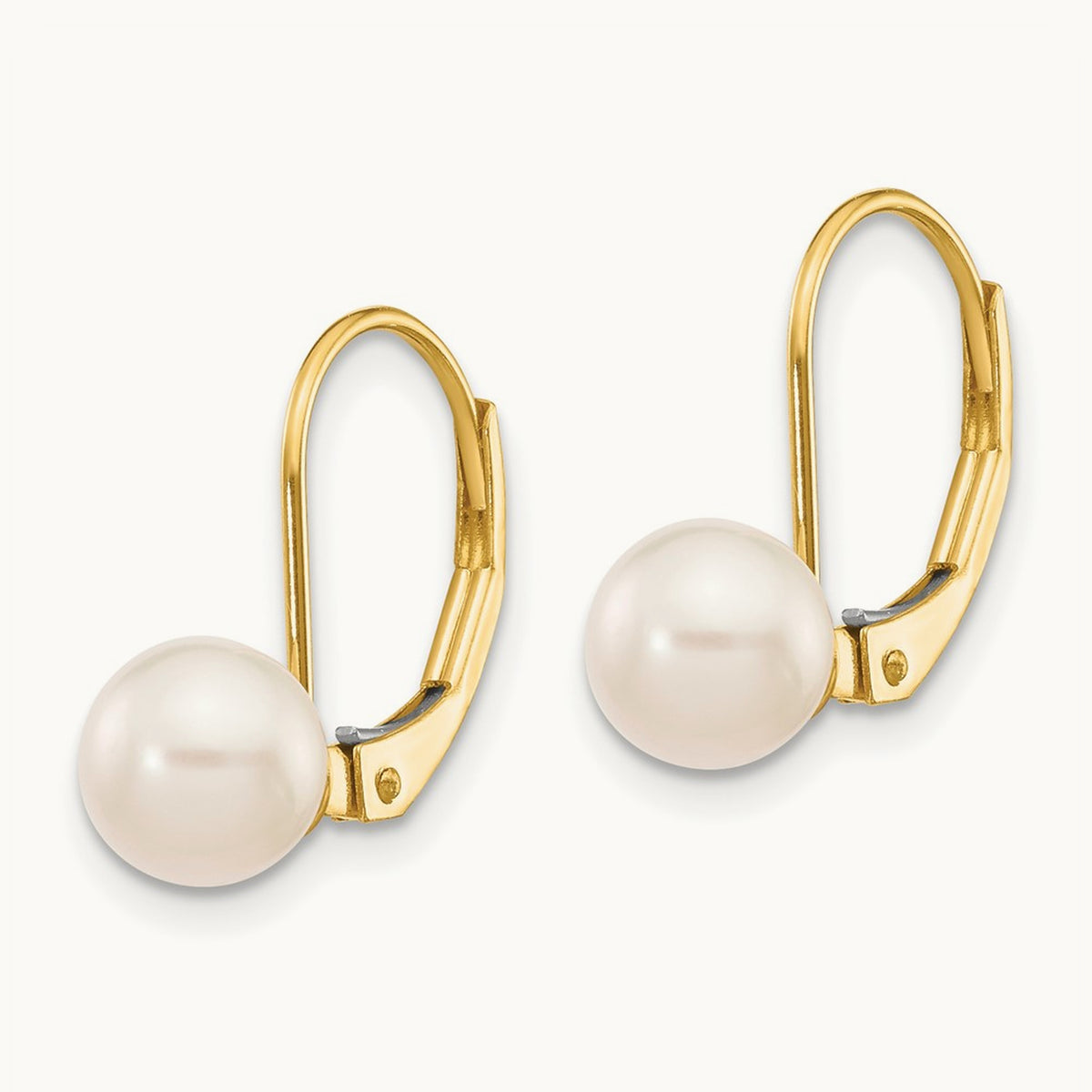 6- White Round Saltwater Akoya Cultured Pearl Leverback Earrings, 7mm, 14K