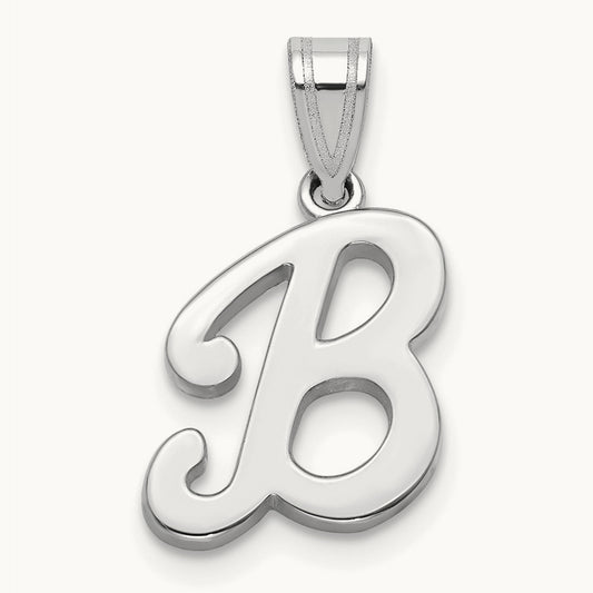 White Gold Script Letter B Initial Pendant, 14K White Gold