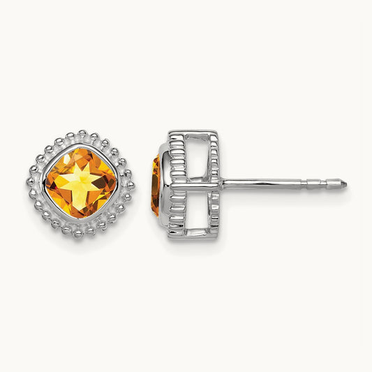 Cushion Citrine Earrings — 14K White Gold