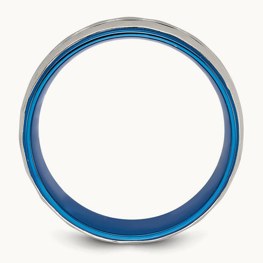 Polished and Sand-blasted Faceted Blue IP-plated Band, Stainless Steel