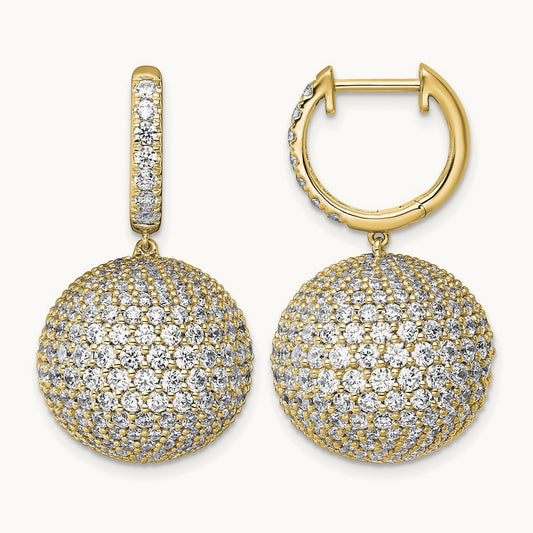 Pave Ball Dangle Hoop Earrings, 9.50-13.75 ct tw Lab-Grown Diamond — 9 1/2 ct, 14K Yellow Gold