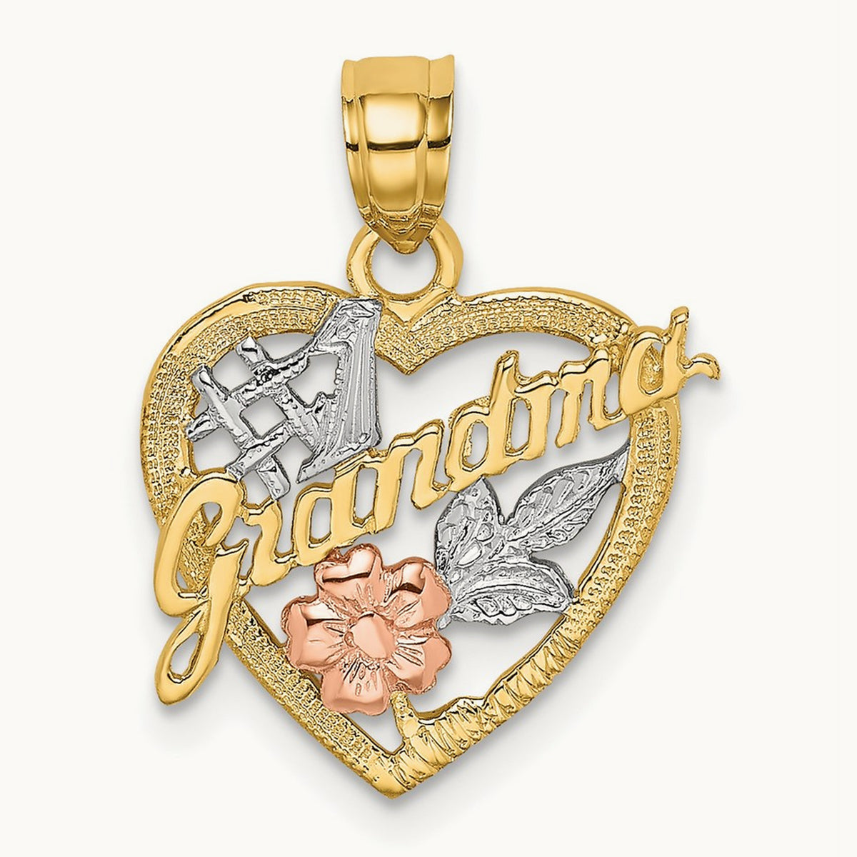 Rhodium #1 GRANDMA In Heart Charm, 14K Two-tone White