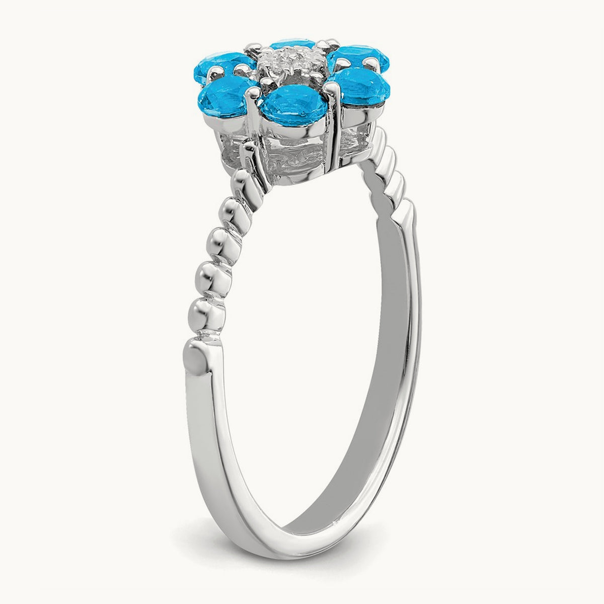 Blue Topaz and Diamond Floral Ring, 14K White Gold