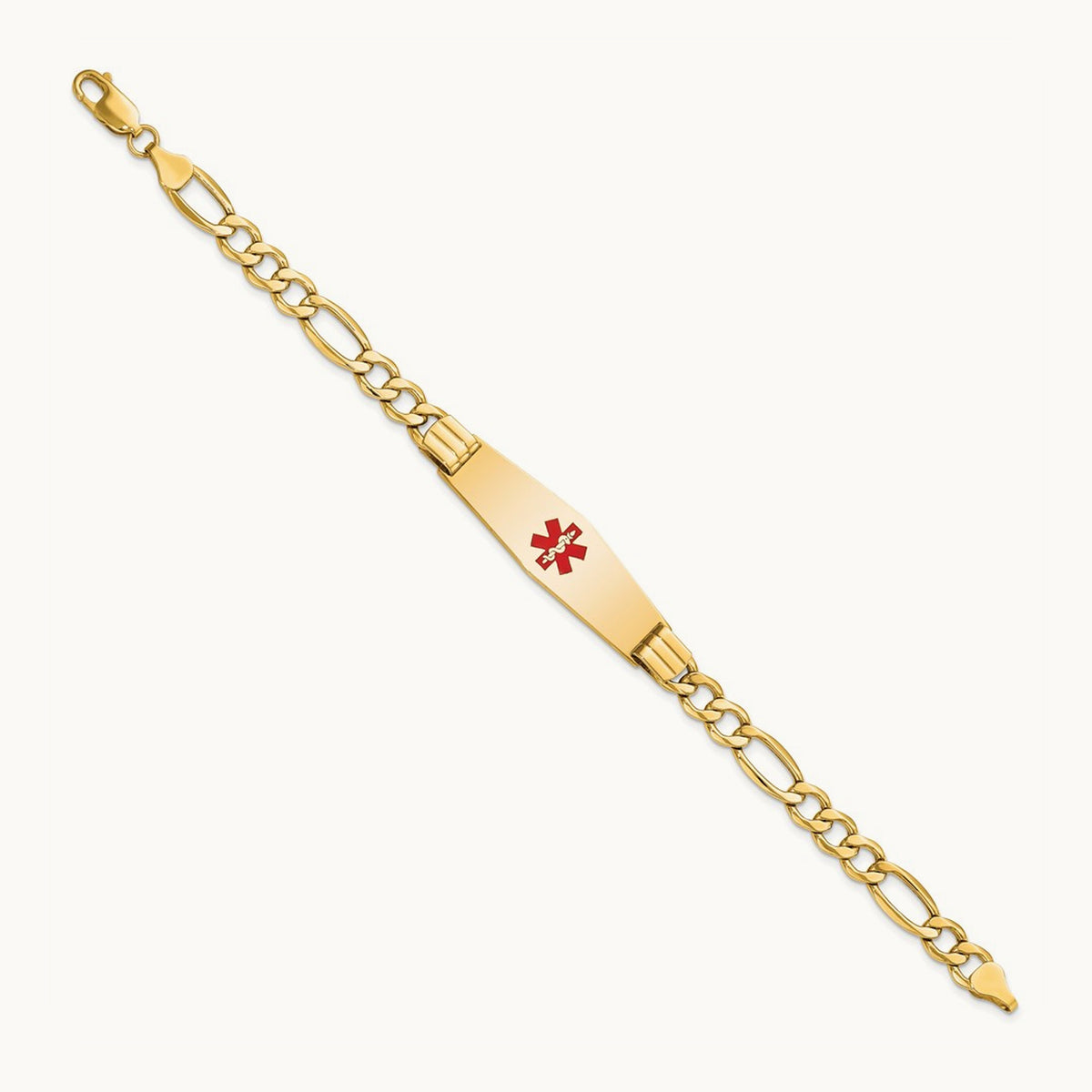 Semi-Solid Medical Soft Diamond Shape Red Enamel Figaro ID Bracelet, 14K