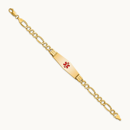 Semi-Solid Medical Soft Diamond Shape Red Enamel Figaro ID Bracelet, 14K
