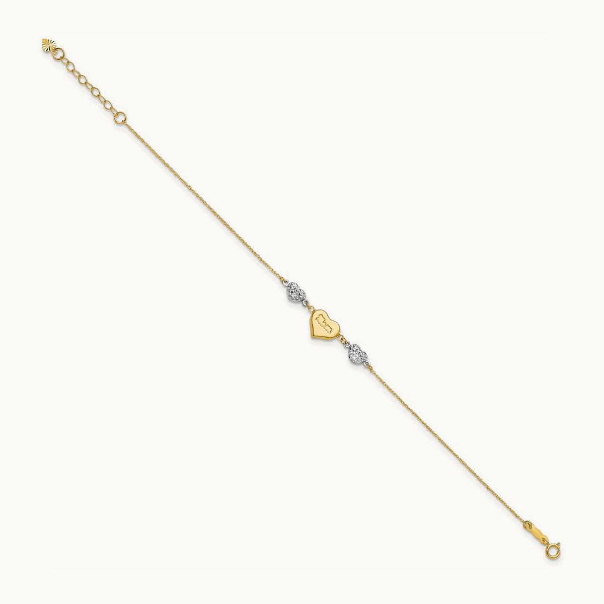 Puffed MOM Heart 7in w/ 1 In Ext Bracelet, 14K Two Tone