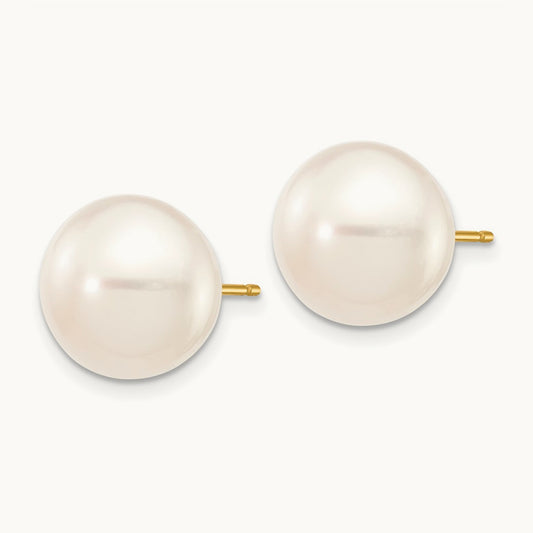 11- White Button Freshwater Cultured Pearl Stud Post Earrings, 12mm, 14K
