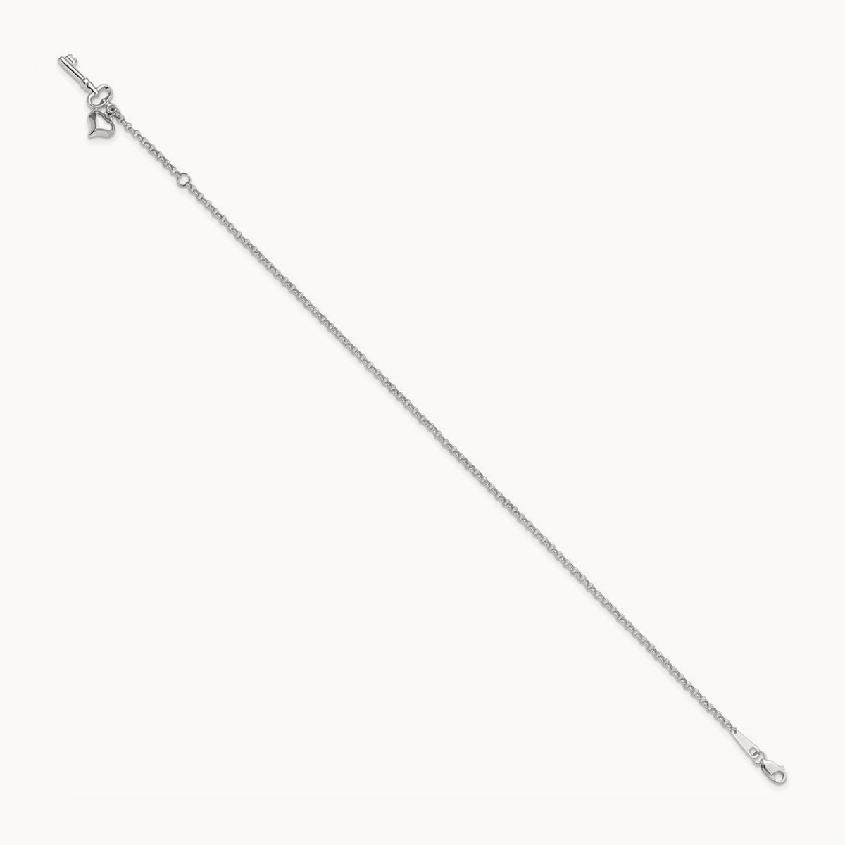 Adj Polished Puffed Heart Key 9in Plus 1in ext. Anklet, 14K White Gold