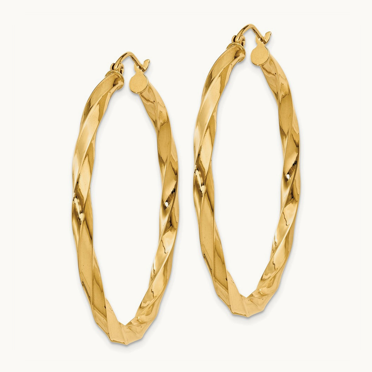 Square Tube Twisted Hoop Earrings — 14K Yellow Gold, 40mm, 3mm