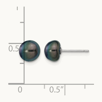 Black Button Freshwater Cultured Pearl Stud Post Earrings — 14K White Gold