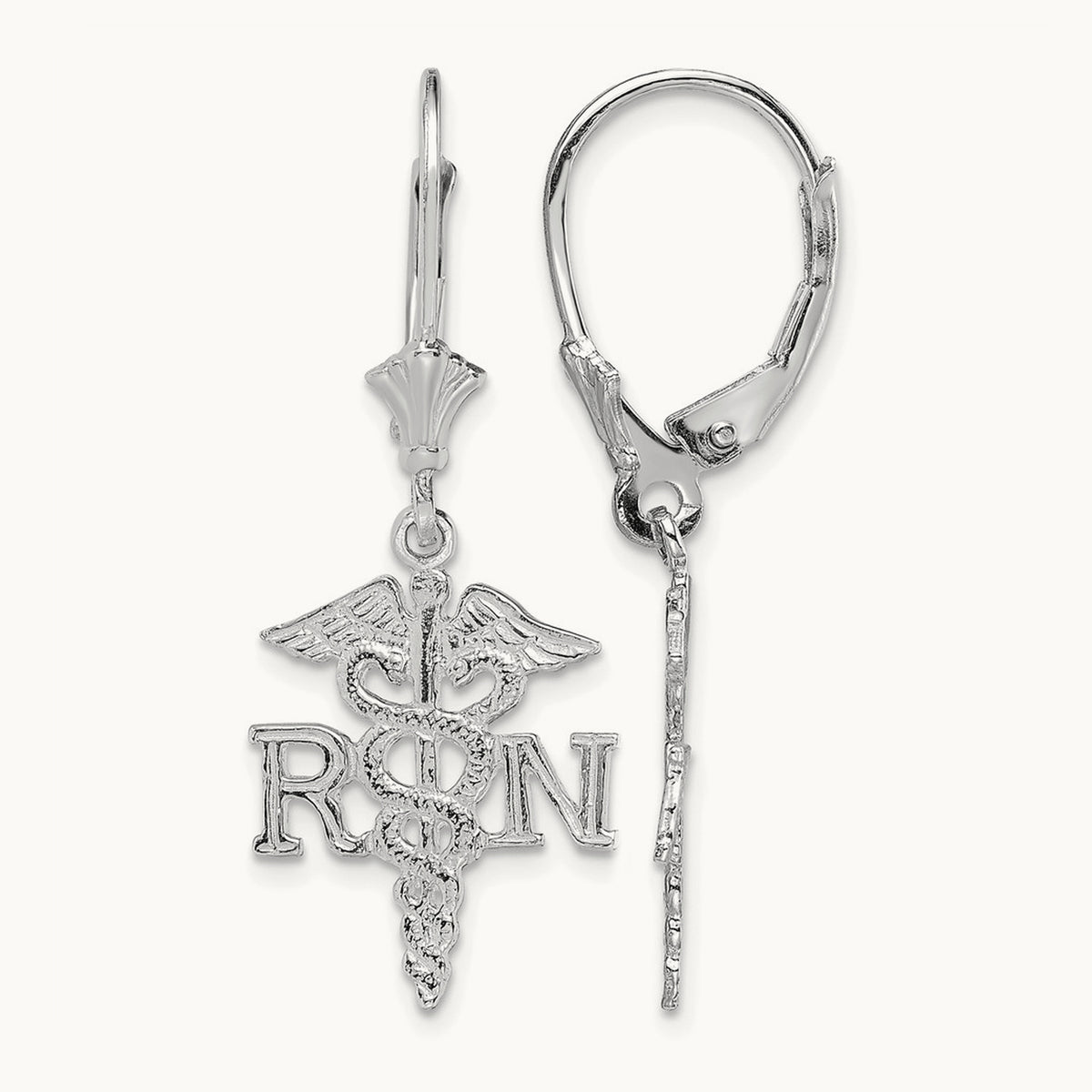 RN Caduceus Leverback Earrings — 14K White Gold