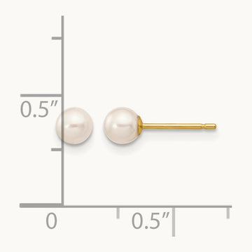 4- White Round Freshwater Cultured Pearl Stud Post Earrings, 5mm, 14K