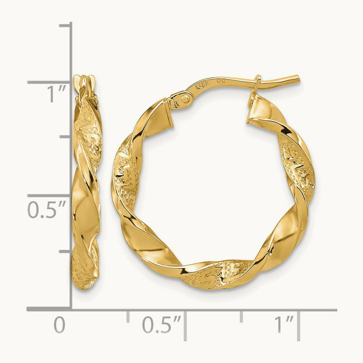 Polished and Textured Twisted Hollow Hoop Earrings, 3mm, 14K