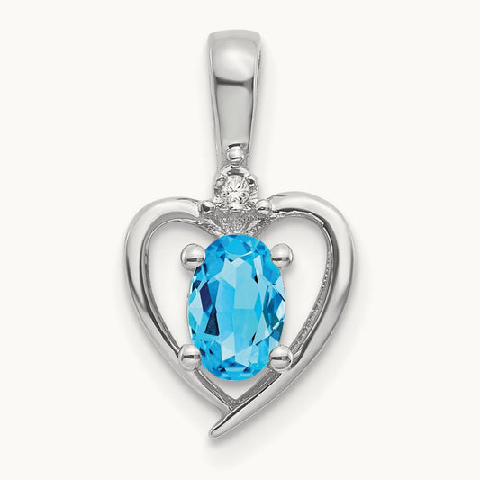 Blue Topaz and Diamond Heart Pendant — 14K White Gold