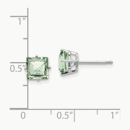 Square Checker-Cut Green Quartz Earrings, 6mm, 14K White Gold