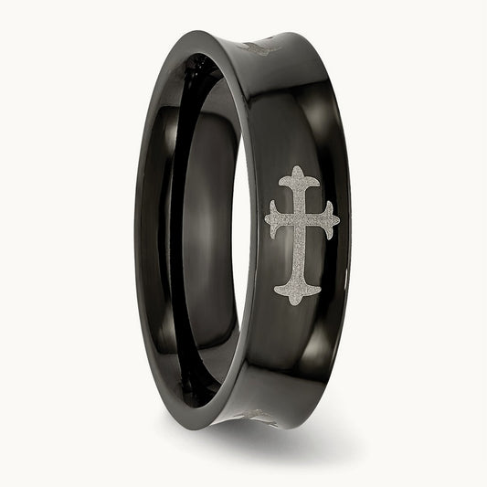 Polished Black IP-plated Cross Concave Band, 6mm, Stainless Steel