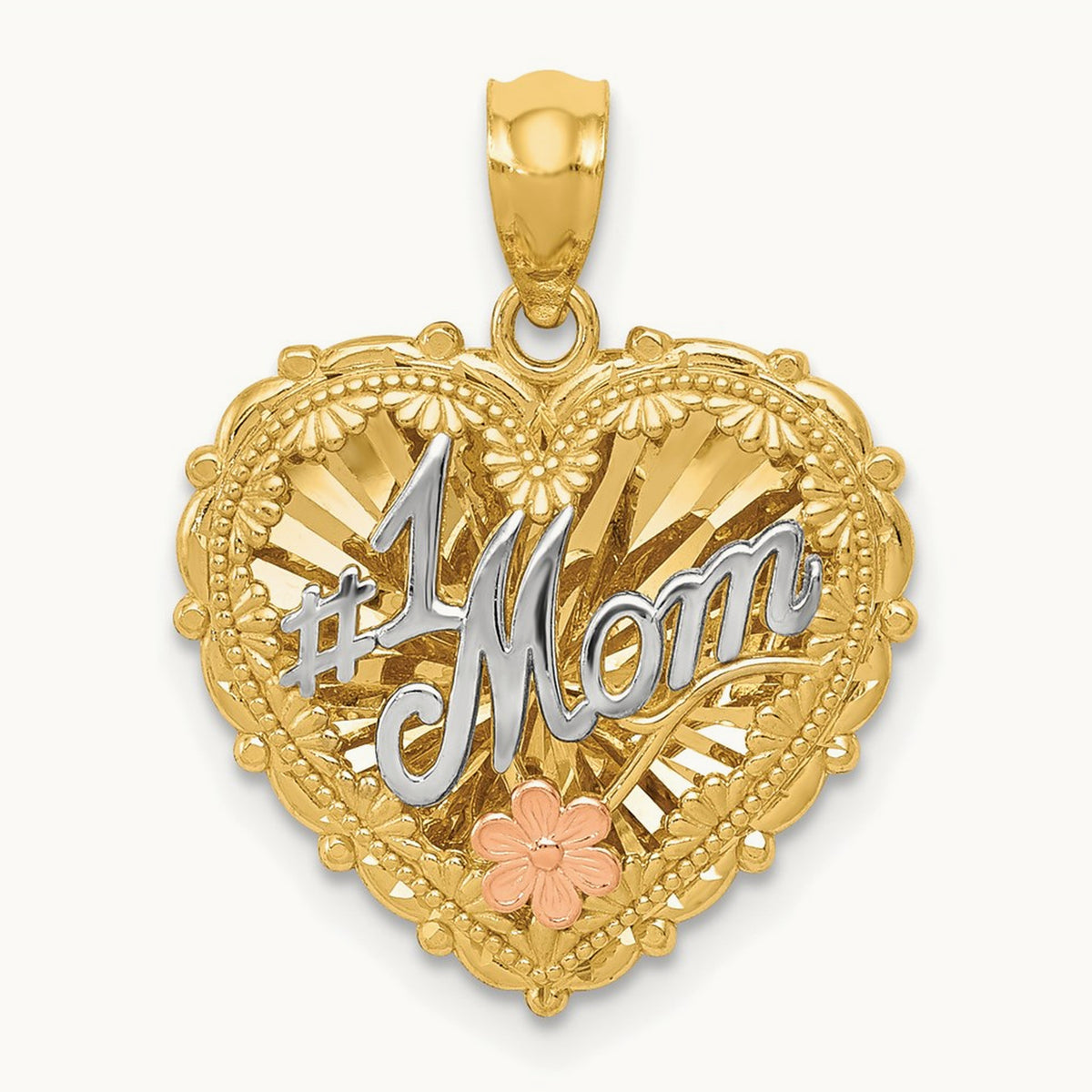 Tri-color Polished #1 MOM Shadowbox Pendant, 14K
