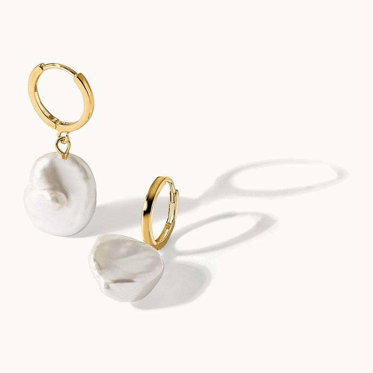 11- White Keshi Freshwater Cultured Pearl Dangle Hoop Earrings, 12mm, 14K