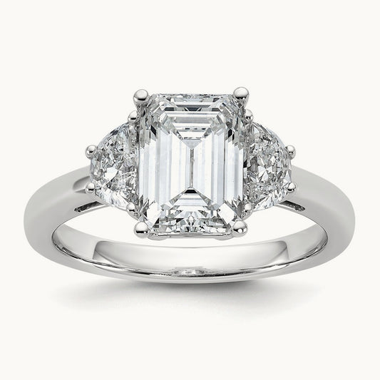 1/2ct Lab Grown Dia VS/SI+ G+ Semi Emerald&1/2 Moon 3Stone Eng Ring, 14K White Gold
