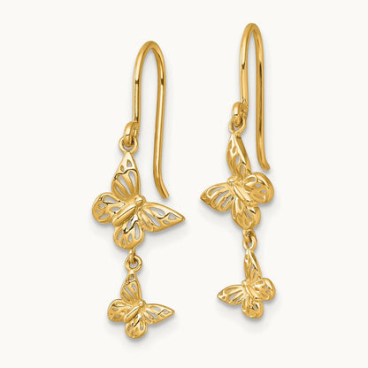 Polished Double Butterfly Moveable Dangle Shepherd Hook Earrings, 14K