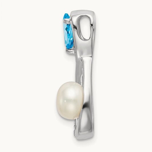 Blue Topaz/FWC Pearl/Diamond Infinity Chain Slide, 14K White Gold