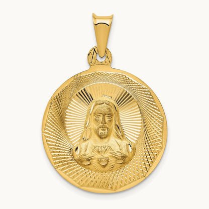 Polished D/C Sagrado Corazon Circle Pendant, 14K