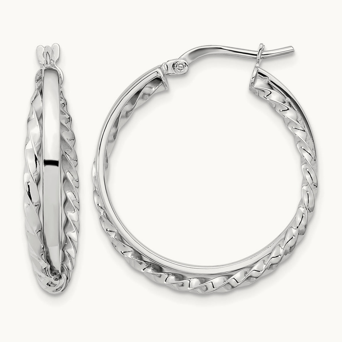Polished and Textured Hinged Hoop Earrings, 14K White Gold