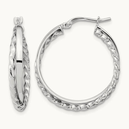 Polished and Textured Hinged Hoop Earrings, 14K White Gold