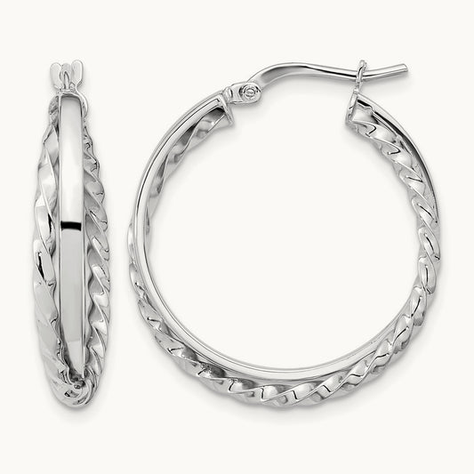 Polished and Textured Hinged Hoop Earrings, 14K White Gold