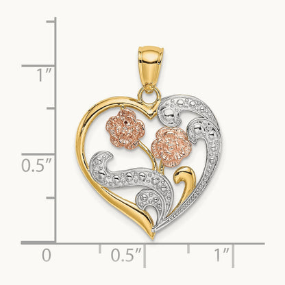 w/ White Rhodium Flower Heart Charm, 14K Two-tone
