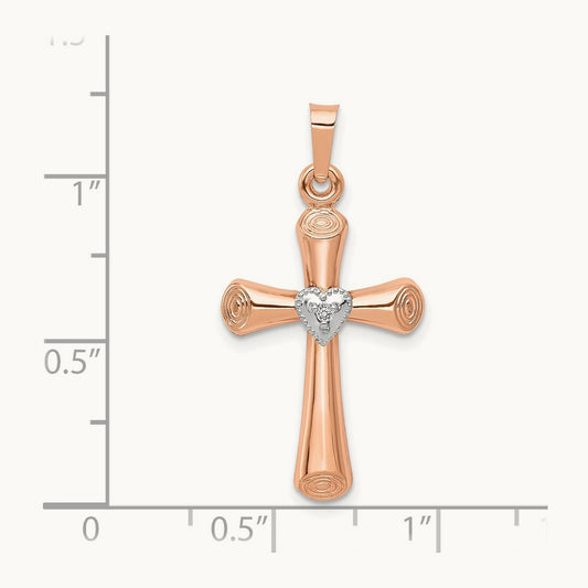 Diamond Polished Hollow Latin Heart Cross Pendant, 14K Two-tone