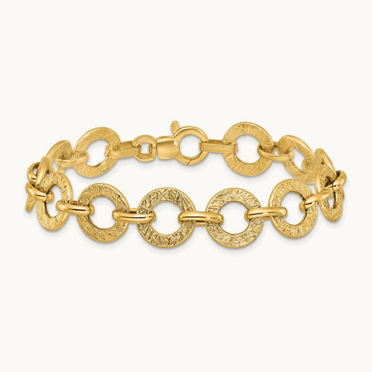 Polished and Textured 7in Fancy Link Bracelet, 14K