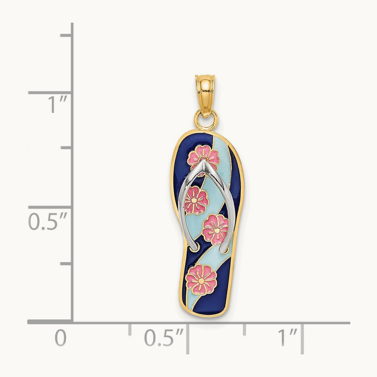 Rhodium 3D Enamel Pink Flowers On Blue Stripes Flip-Flop Charm, 14K