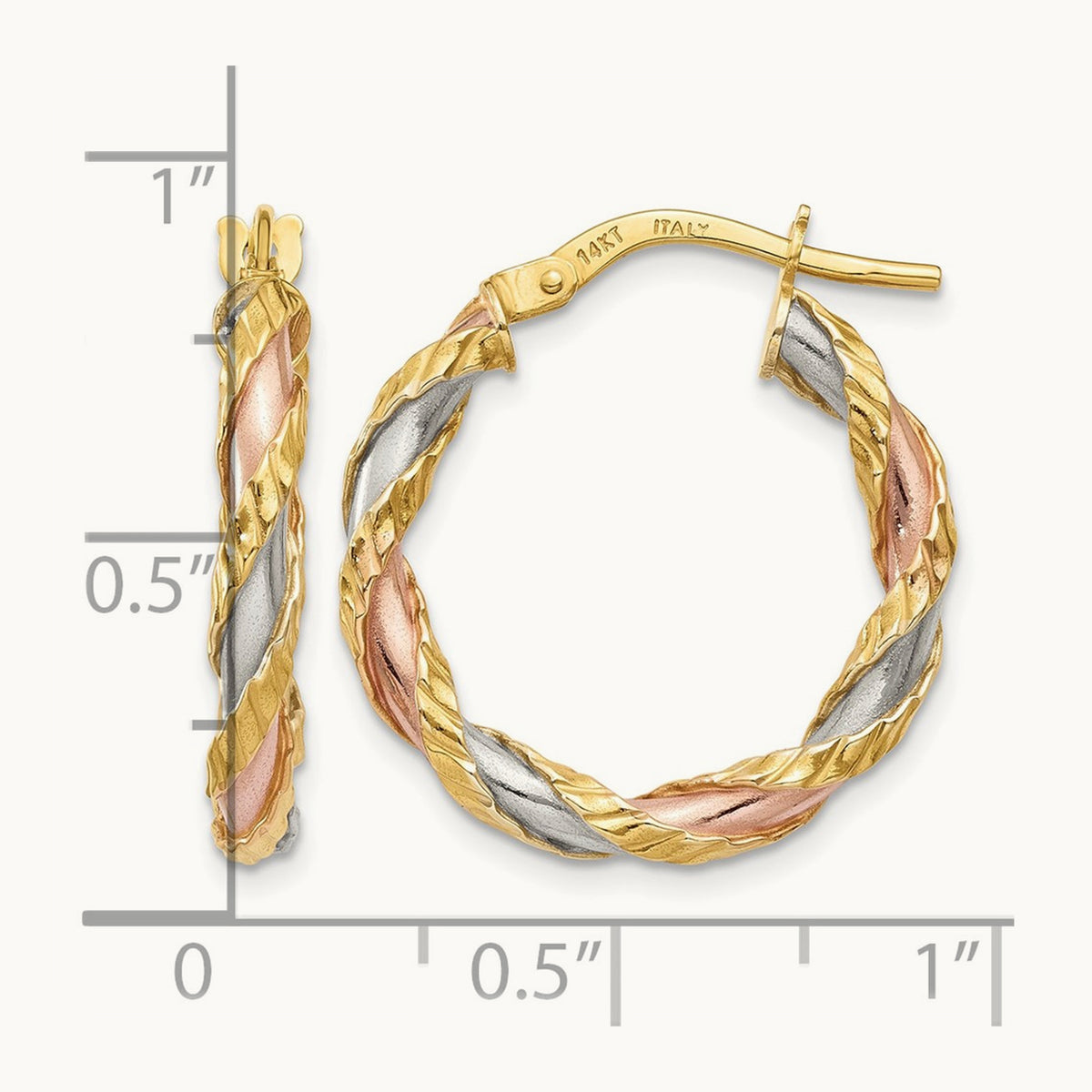 & Rose Rhodium Textured Twisted Hoop Earrings, 14K with White