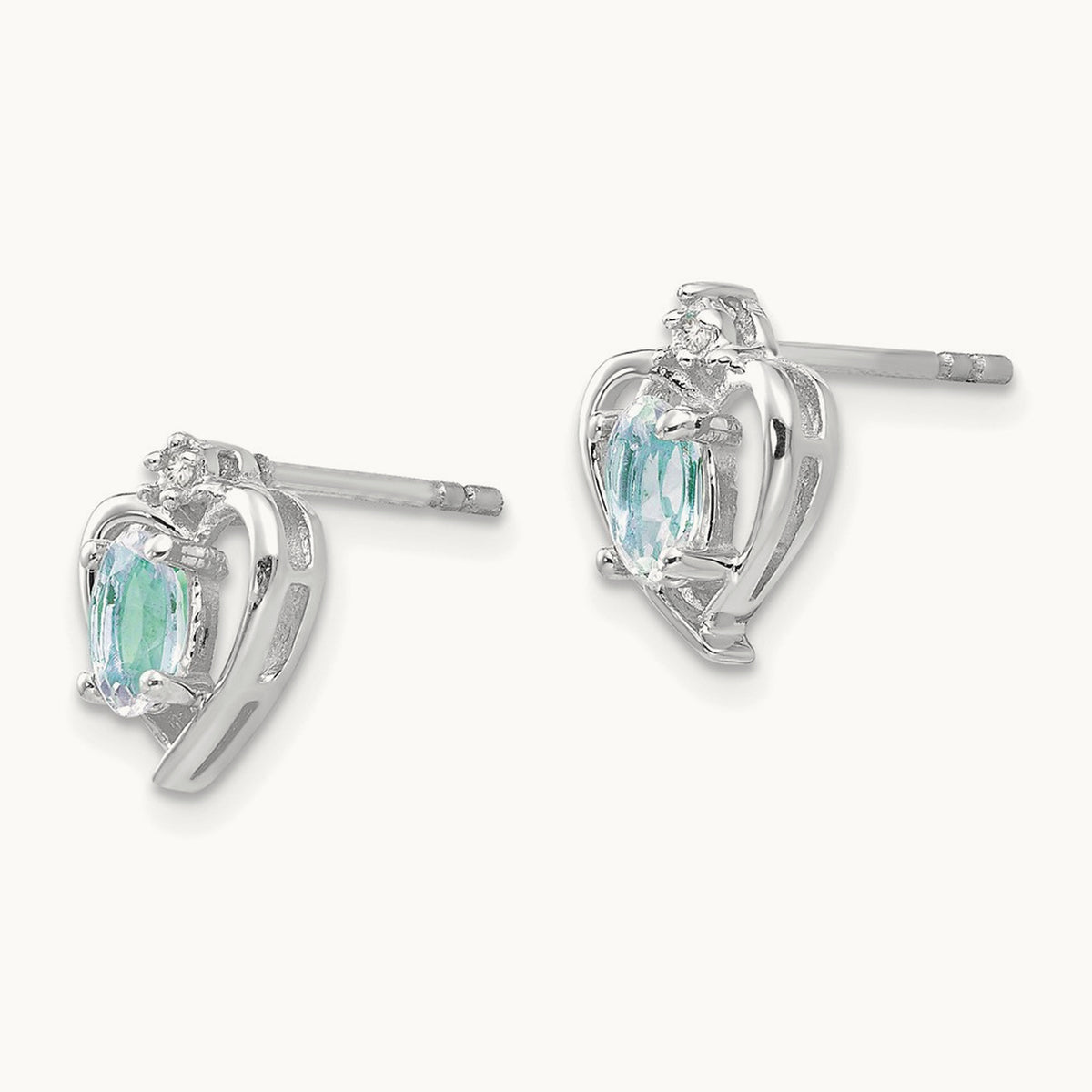 Aquamarine and Diamond Heart Post Earrings, 14K White Gold