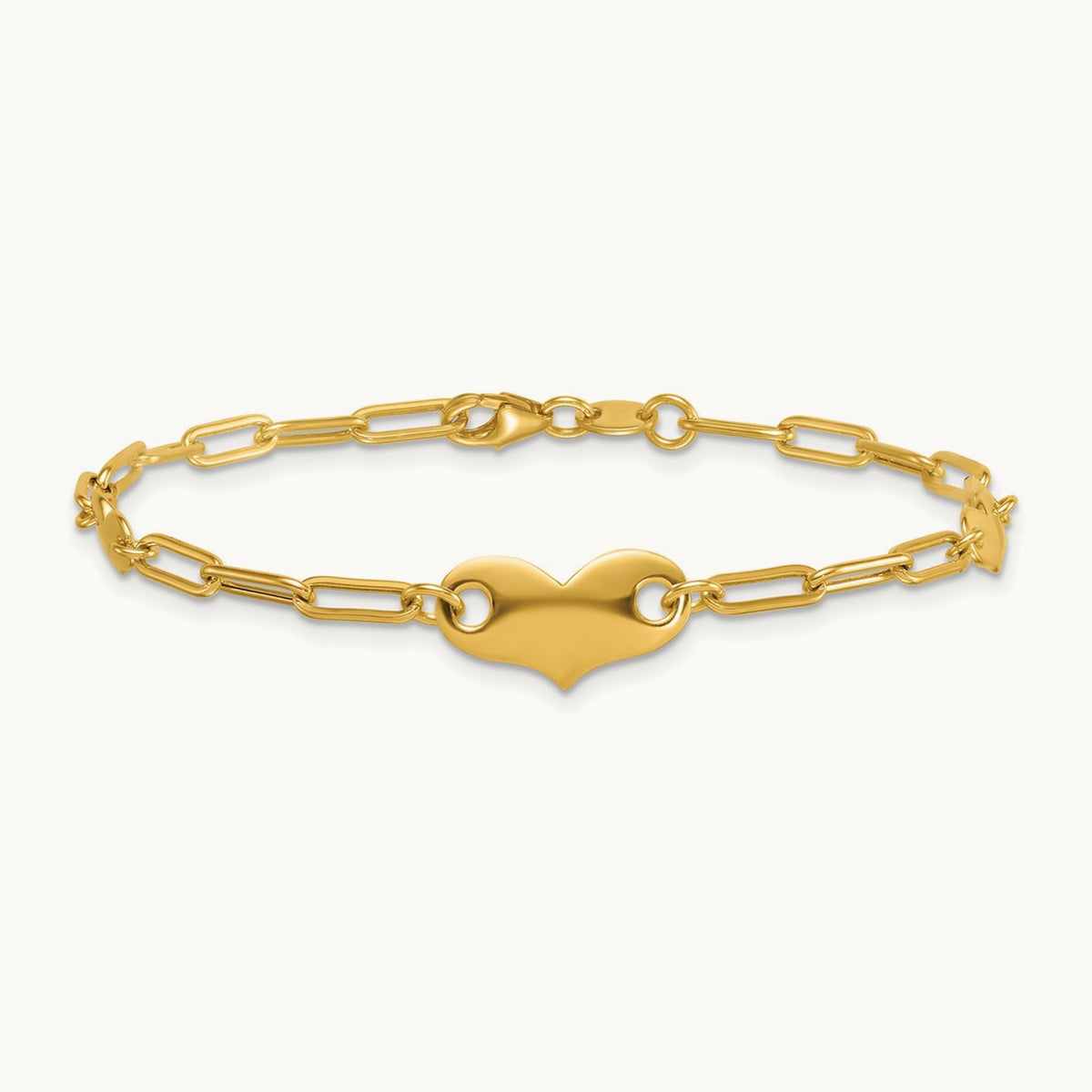 Polished Paperclip Link With Hearts 7.5in Bracelet, 14K