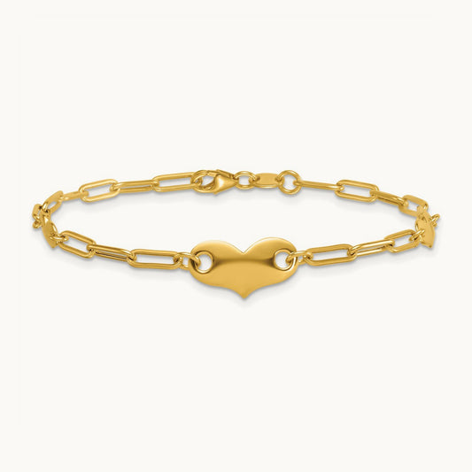 Polished Paperclip Link With Hearts 7.5in Bracelet, 14K