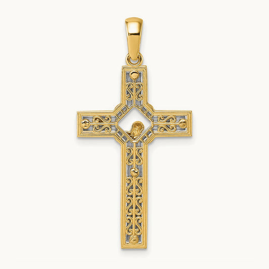 Polished and Satin Crucifix With Square Cut Out Pendant, 14K Two-tone